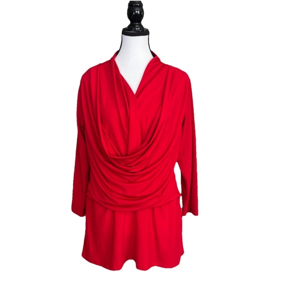 Ashley Stewart Red Draped Cowl Neck Top Blouse Women's Size 12 Long Sleeve